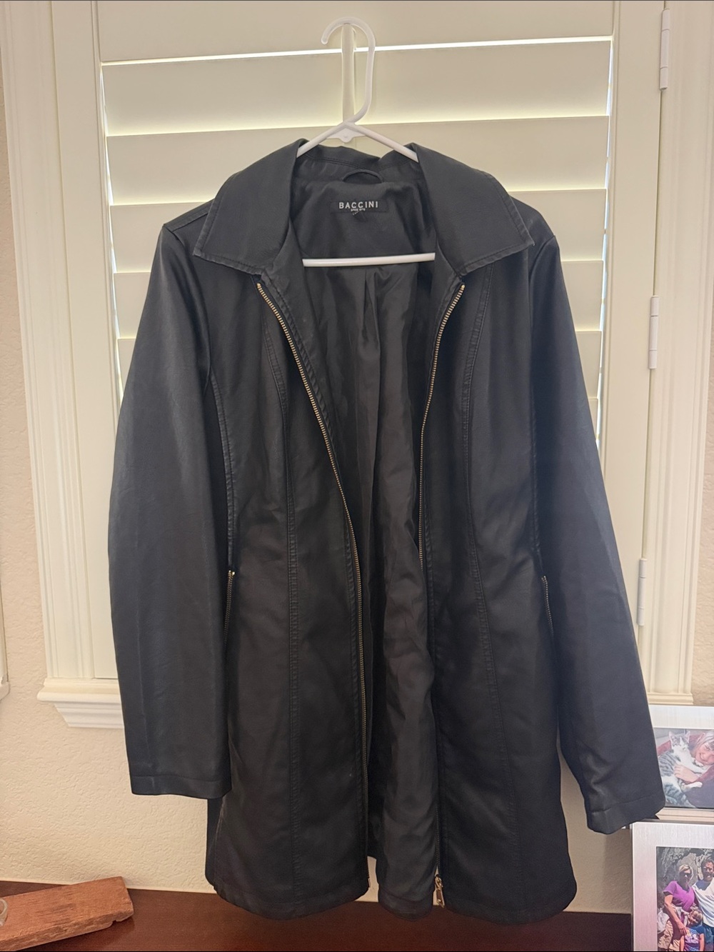 Baccini Black Long Leather Zip-Front Jacket
